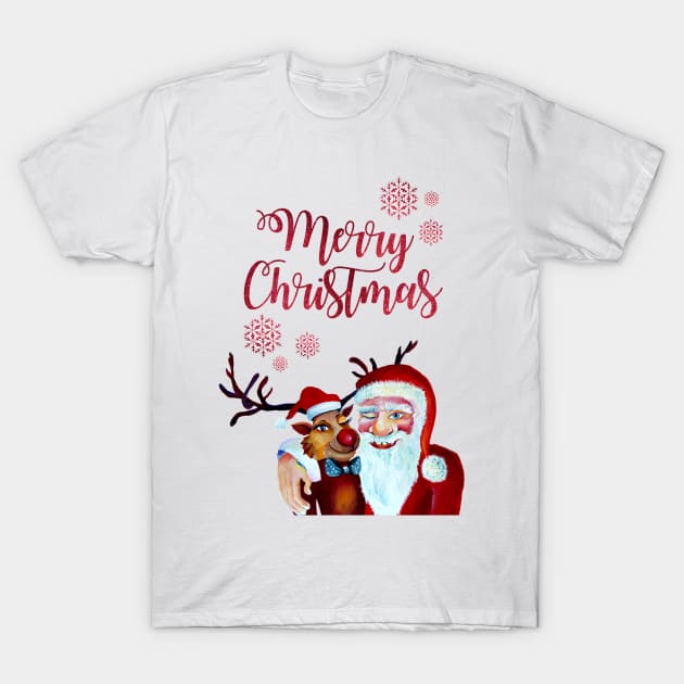 Smiling Santa with Funny Rudolph Watercolor T-Shirt by Nisuris Art